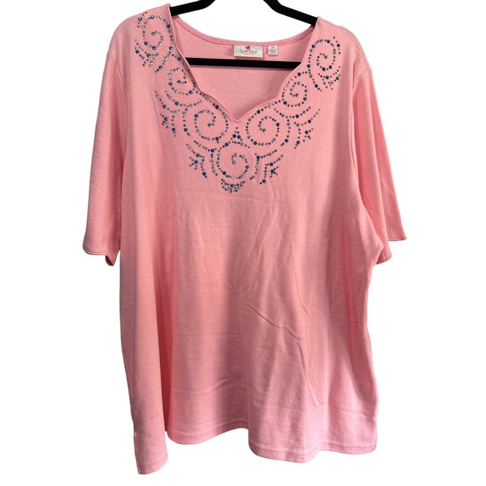 Quacker Factory Size 2X Pink Embellished Top With Rhinestone Design
